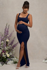 Navy Square Neck Maternity Maxi Dress with Split